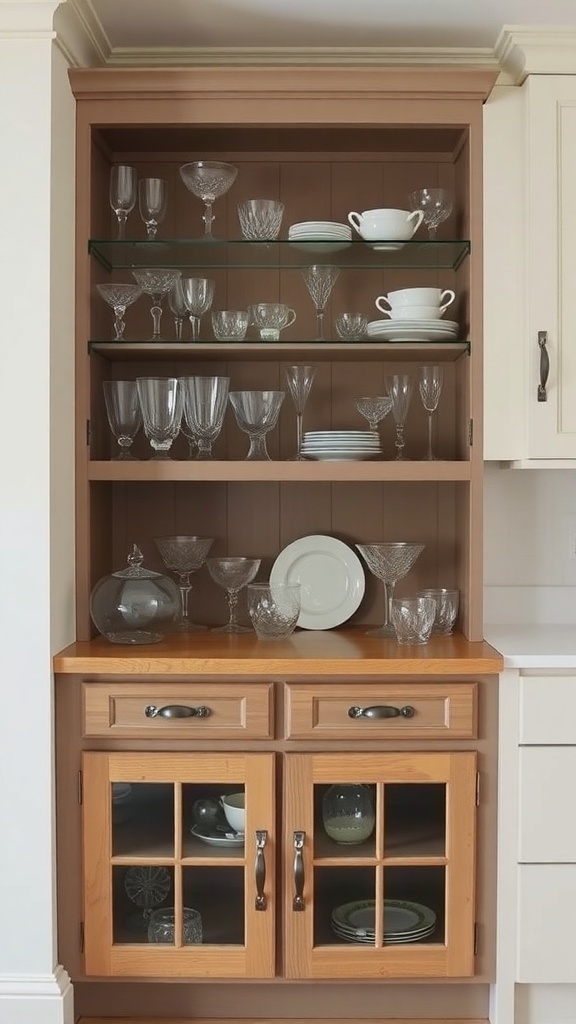 A corner cabinet with glass doors displaying various glassware and plates.