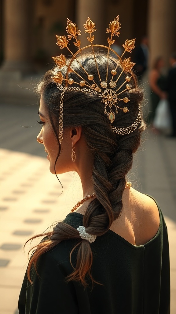 A woman with a goddess braid adorned with gold accessories, showcasing an elegant hairstyle.