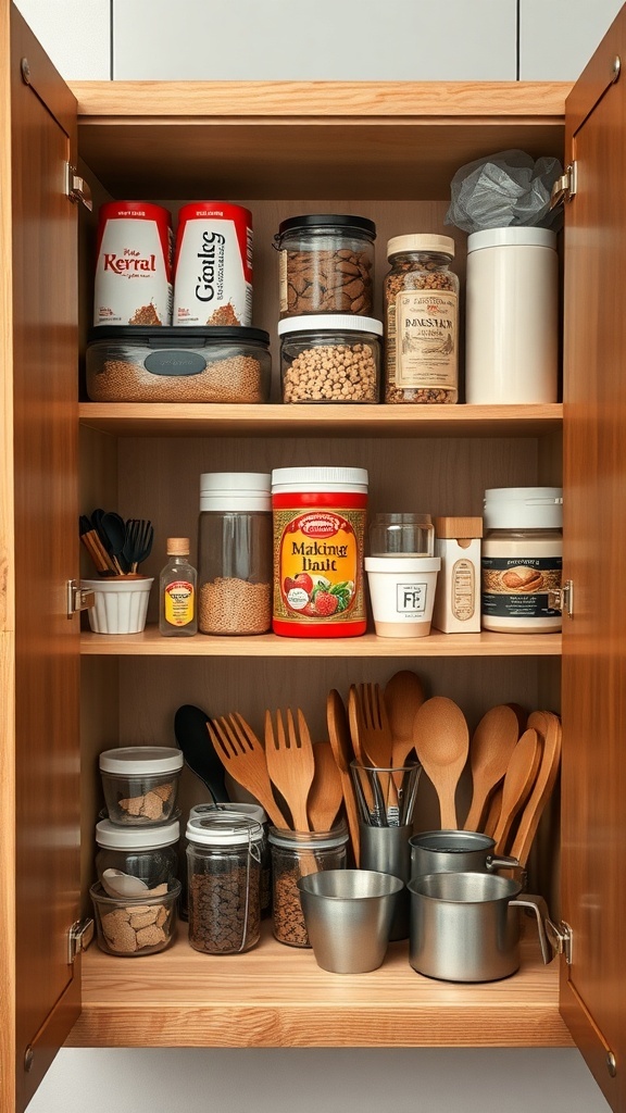 Organized kitchen cabinet with spices, jars, and utensils.