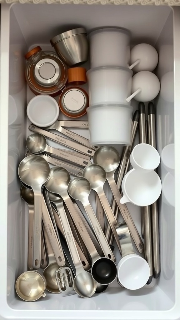 A neatly organized kitchen drawer with measuring cups, spoons, and containers.