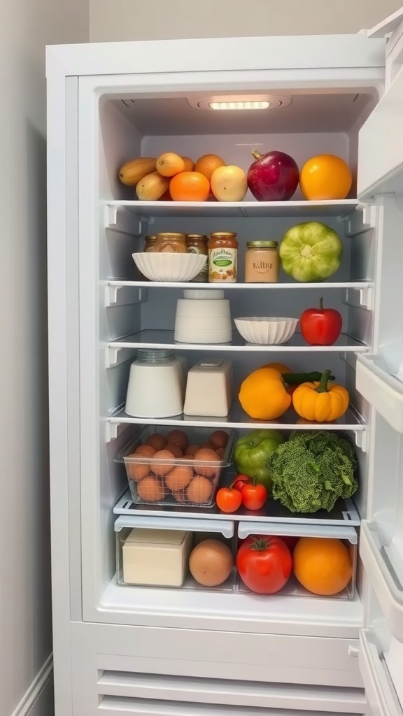 Organized small fridge with fruits, vegetables, and jars neatly arranged on shelves.