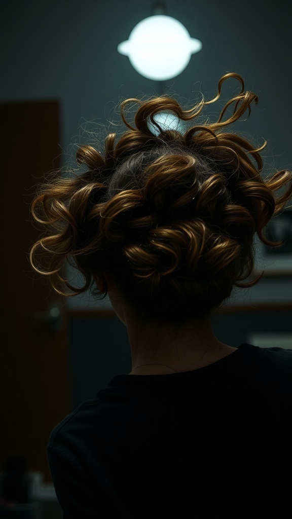A back view of a curly updo hairstyle with defined curls, set against a dark background with soft lighting.