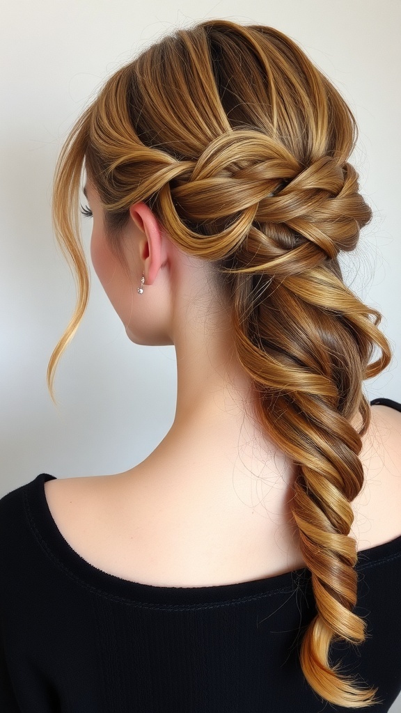 A woman with a half-up braided hairstyle, featuring a neat braid and soft waves.