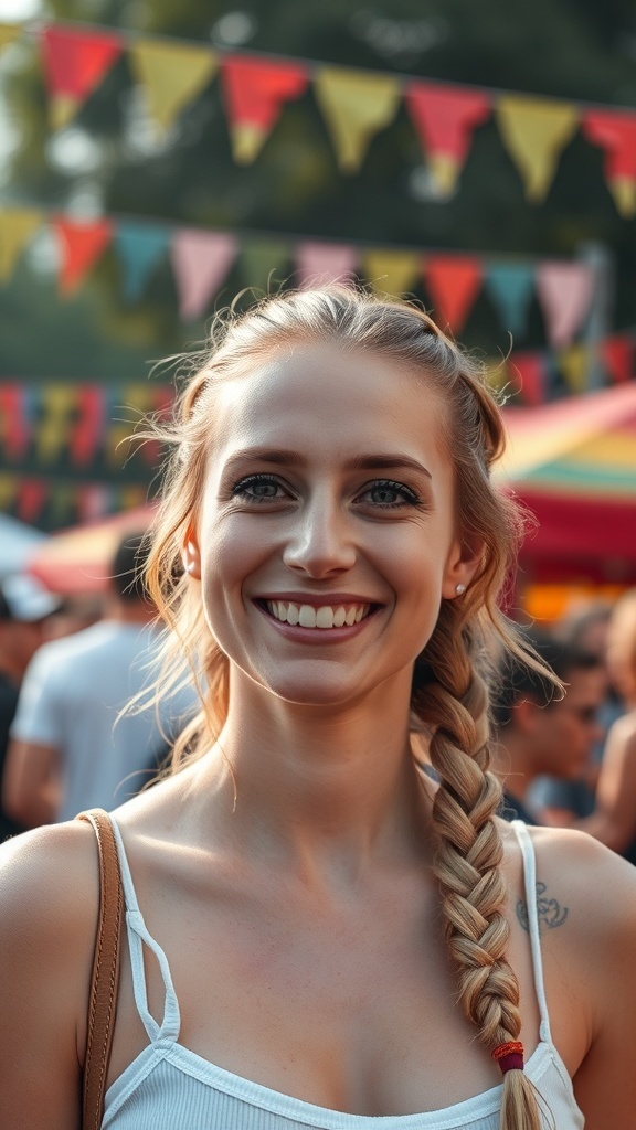 A woman with a half-up braided hairstyle smiling at a festival.