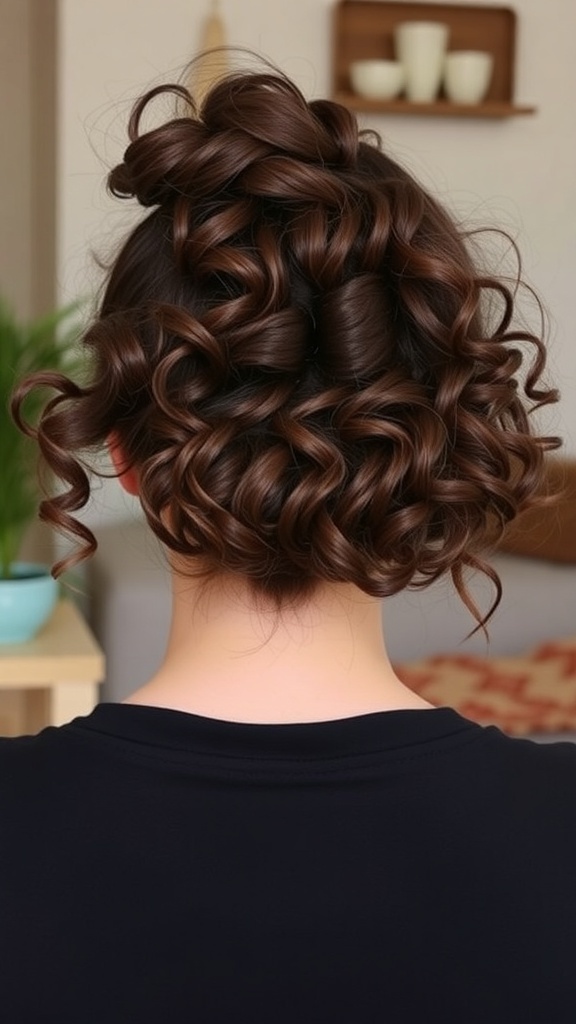 A woman with a half-up curly bun hairstyle, showcasing defined curls and a stylish bun at the top.