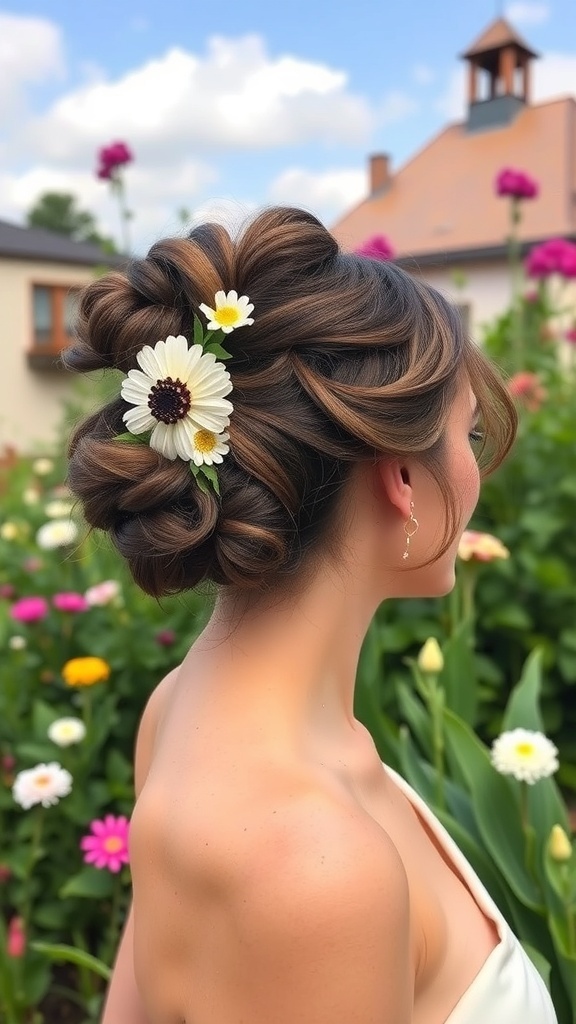 A woman with a half-up curly bun adorned with flowers, surrounded by colorful flowers in a garden.