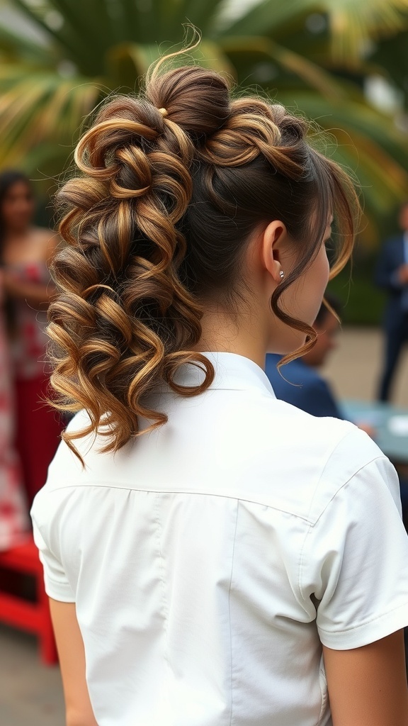 A woman with a half-up curly ponytail hairstyle, showcasing bouncy curls and a stylish look.