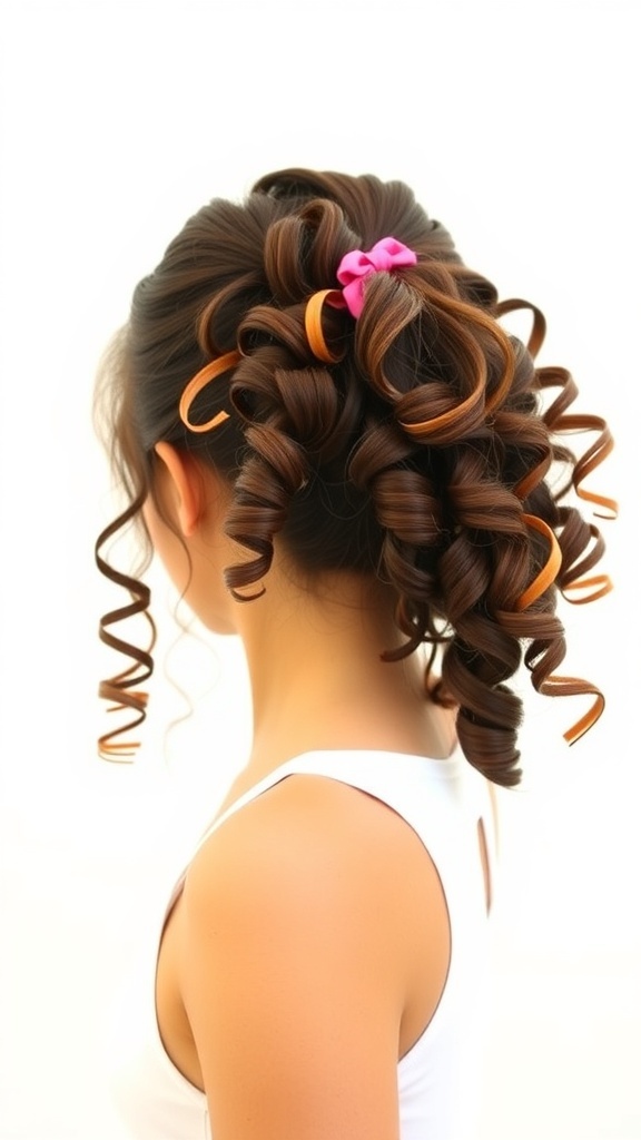 A woman with curly hair styled in a half-up ponytail, secured with a pink bow.