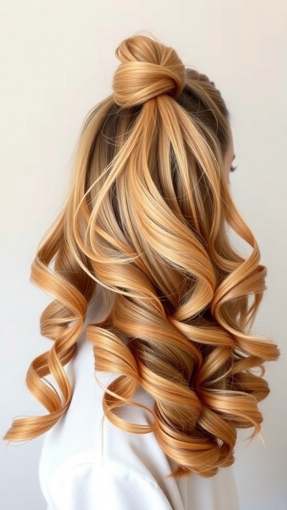 Half-up curly ponytail hairstyle with volume, showcasing defined curls and a chic look.