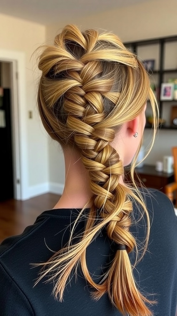 A half-up feed-in braided ponytail hairstyle with a beautiful braid and flowing hair.
