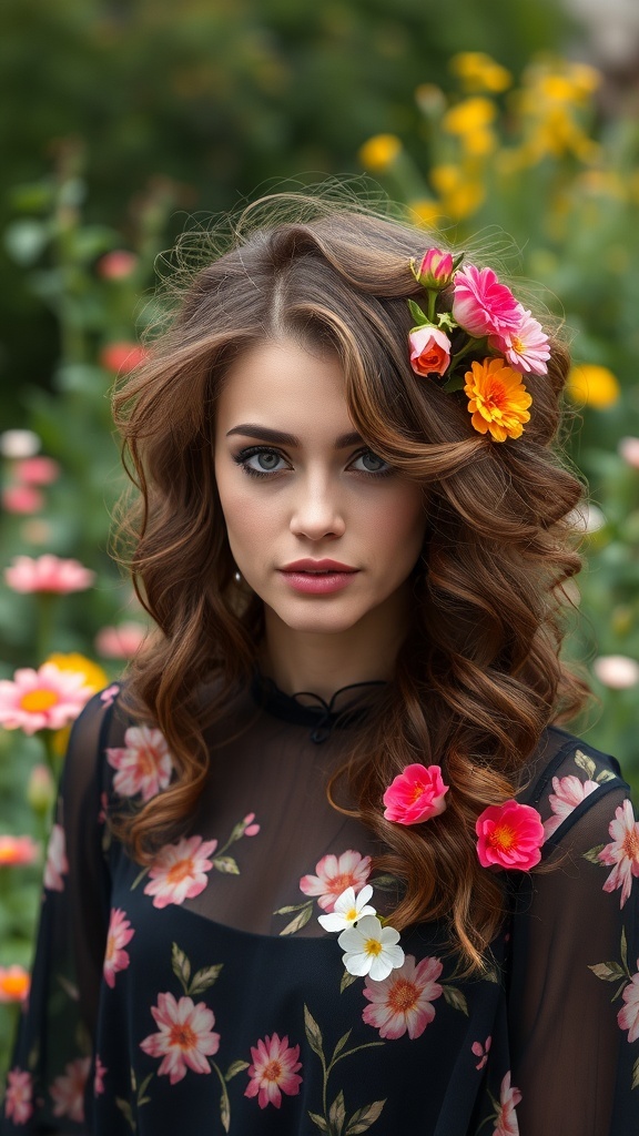 A model with half-up, half-down curly hairstyle adorned with colorful flowers in a garden setting.
