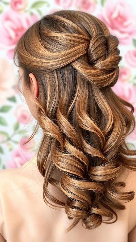 Half-up half-down curly hairstyle with twisted section and loose curls