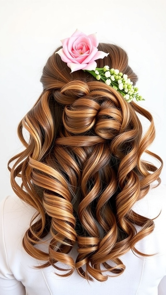 A half-up half-down curly hairstyle featuring bouncy curls and adorned with a pink rose and greenery.