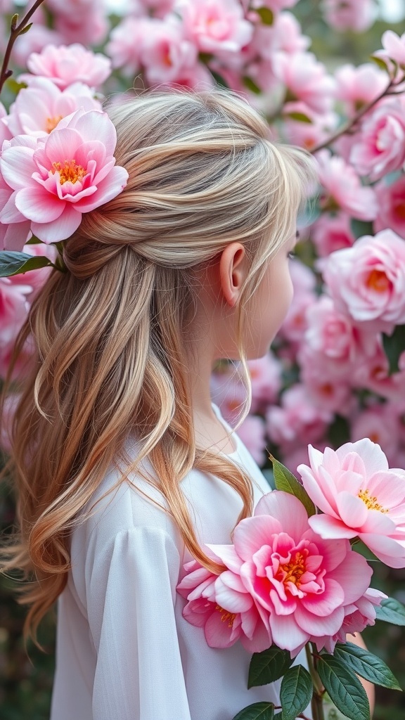 A girl with blonde curly hair styled in a half-up half-down look, surrounded by pink flowers.