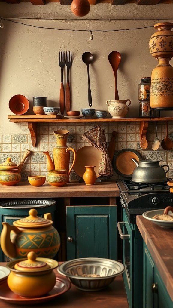 A cozy Indian kitchen featuring handcrafted pottery and utensils on wooden shelves.