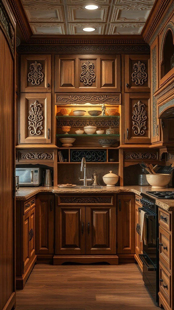 Handcrafted wooden cabinets in an Indian-style kitchen interior.