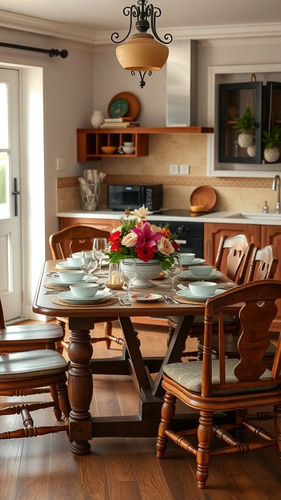 A beautifully set wooden dining table with flowers and tableware in a traditional kitchen.