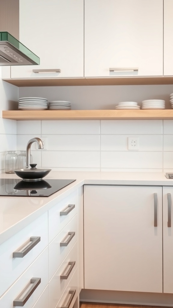 A minimalist kitchen featuring sleek drawer handles and a clean design.