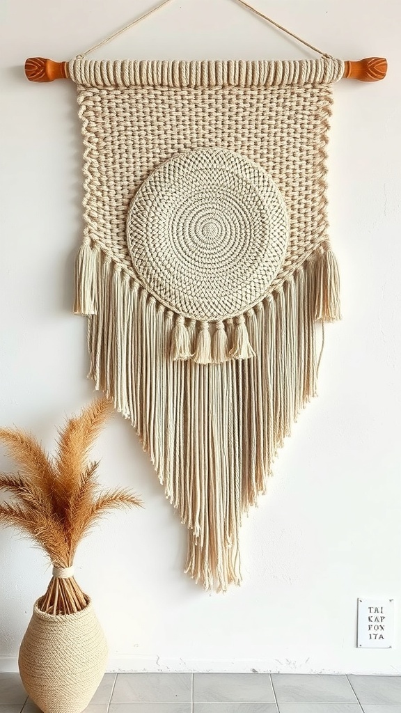 A handwoven wall hanging featuring a circular design and long fringes, displayed on a wall.