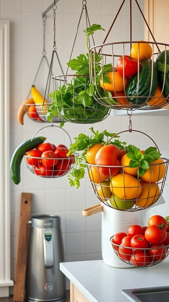 Colorful hanging baskets filled with fresh fruits and vegetables in a kitchen.