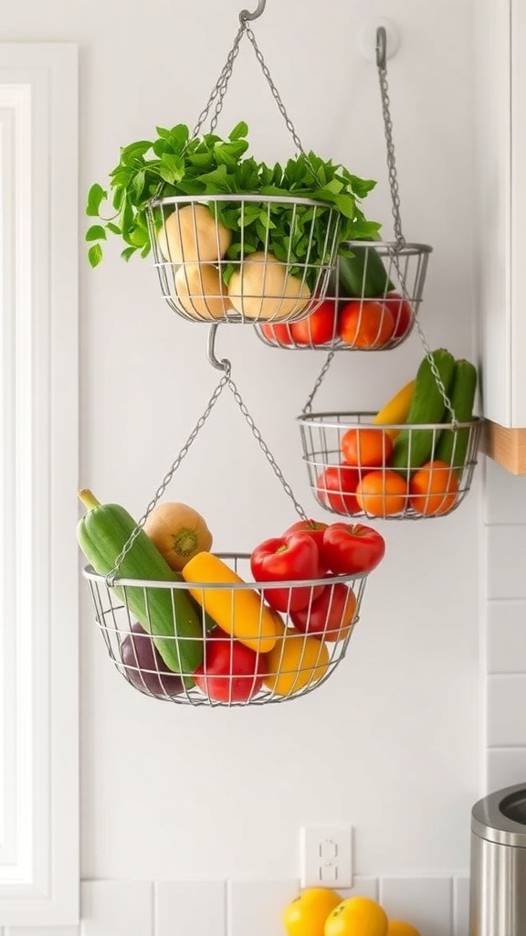 Hanging wire baskets filled with fresh fruits and vegetables in a kitchen.