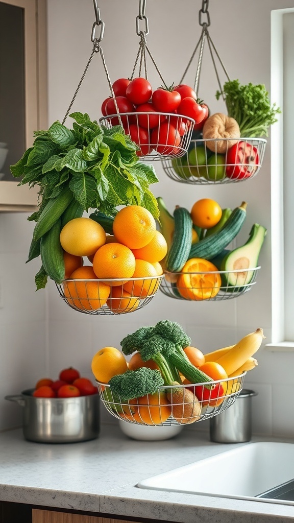 Hanging wire baskets filled with colorful fruits and vegetables in a kitchen.