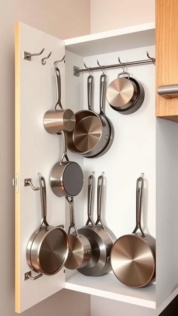 Corner kitchen cabinet with hanging hooks for pots and pans