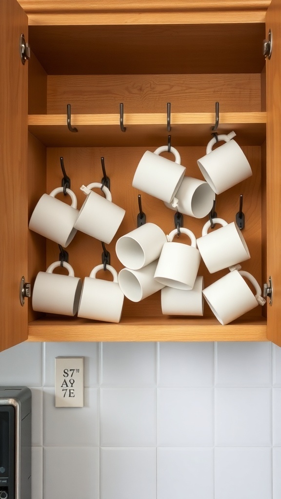 A kitchen cabinet with white mugs hanging from hooks.