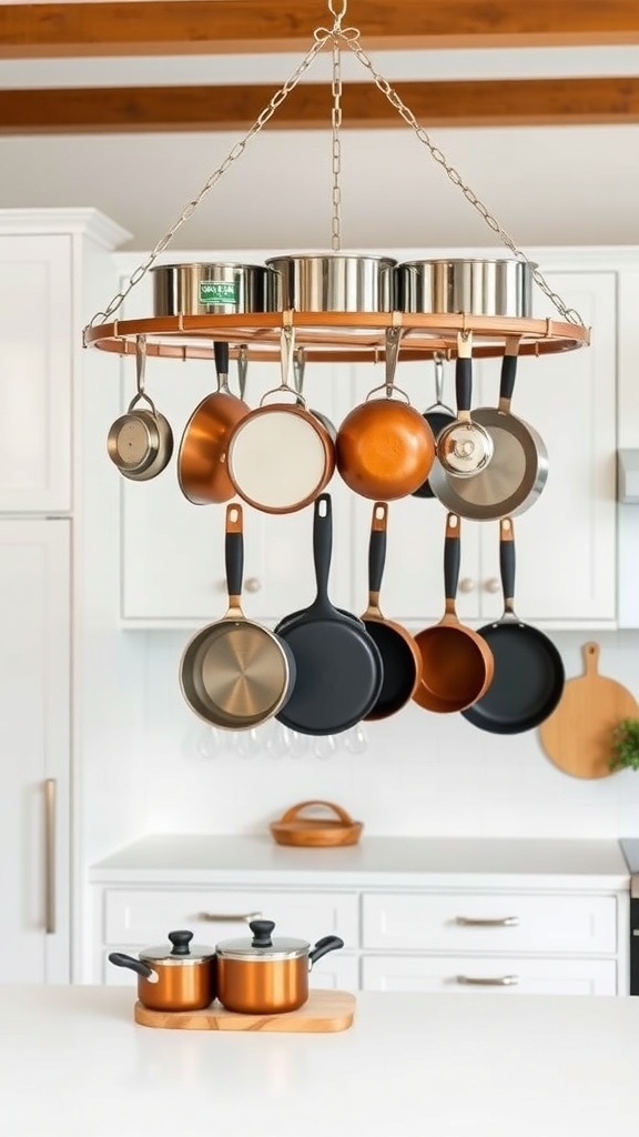 A stylish hanging pot rack displaying various pots and pans in a modern kitchen.
