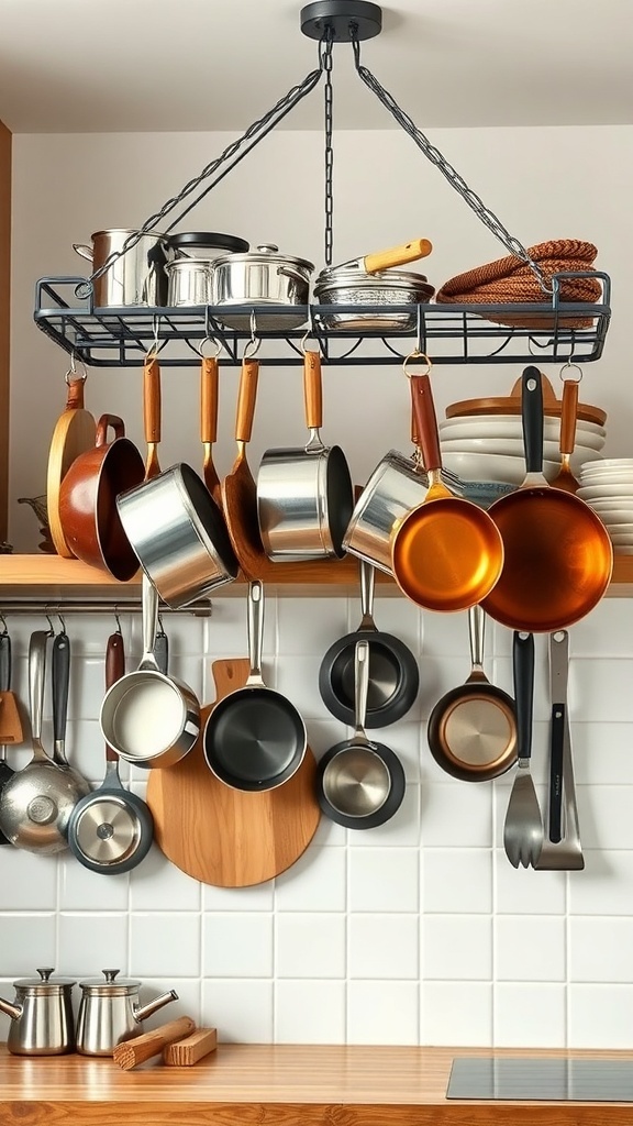 A hanging pot rack displaying various pots and pans in a modern kitchen.
