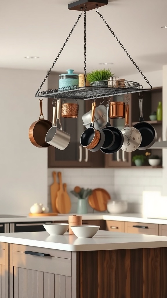 A stylish hanging pot rack with various pots and pans, enhancing kitchen storage.