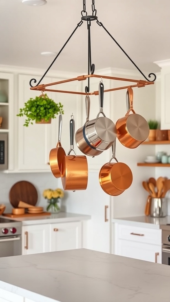 A hanging pot rack with copper pots and a green plant in a modern kitchen.