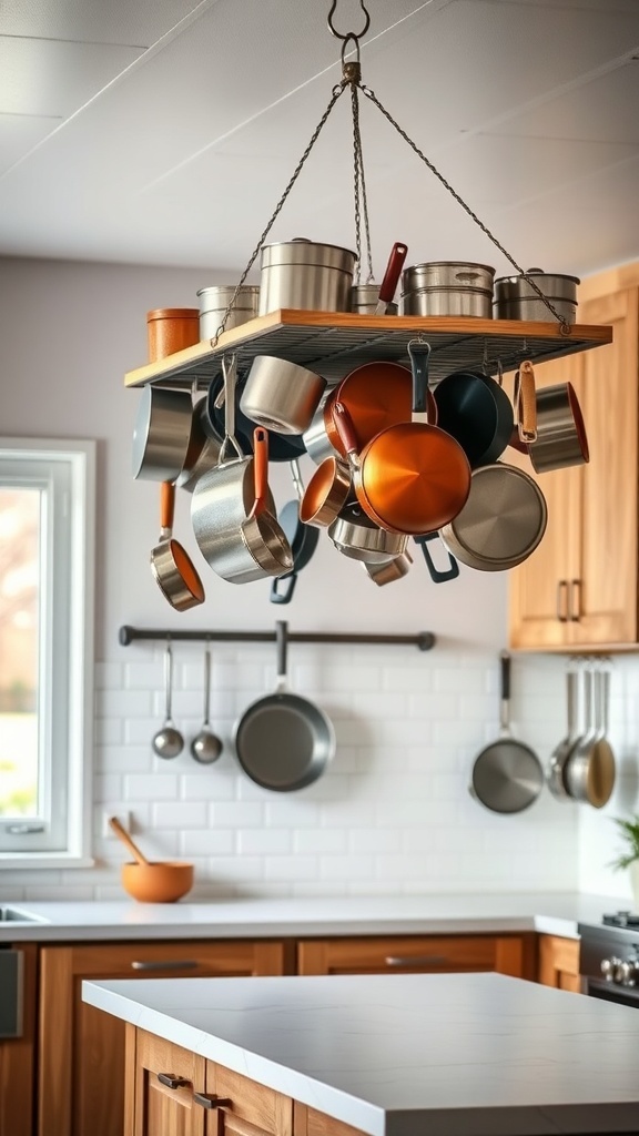 A hanging pot rack filled with various pots and pans in a modern kitchen.