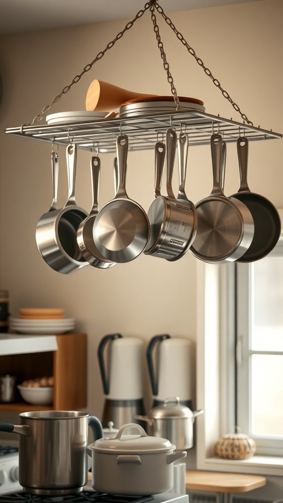 A stylish kitchen with pots and pans hanging from a rack, showcasing an organized cooking space.