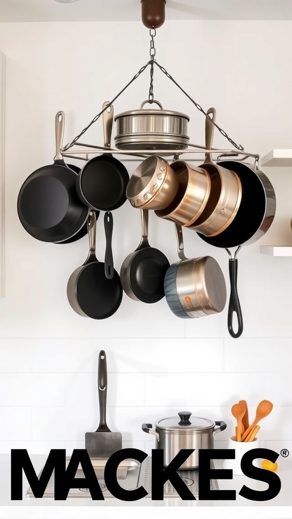 A stylish hanging rack displaying various pots and pans in a modern kitchen.