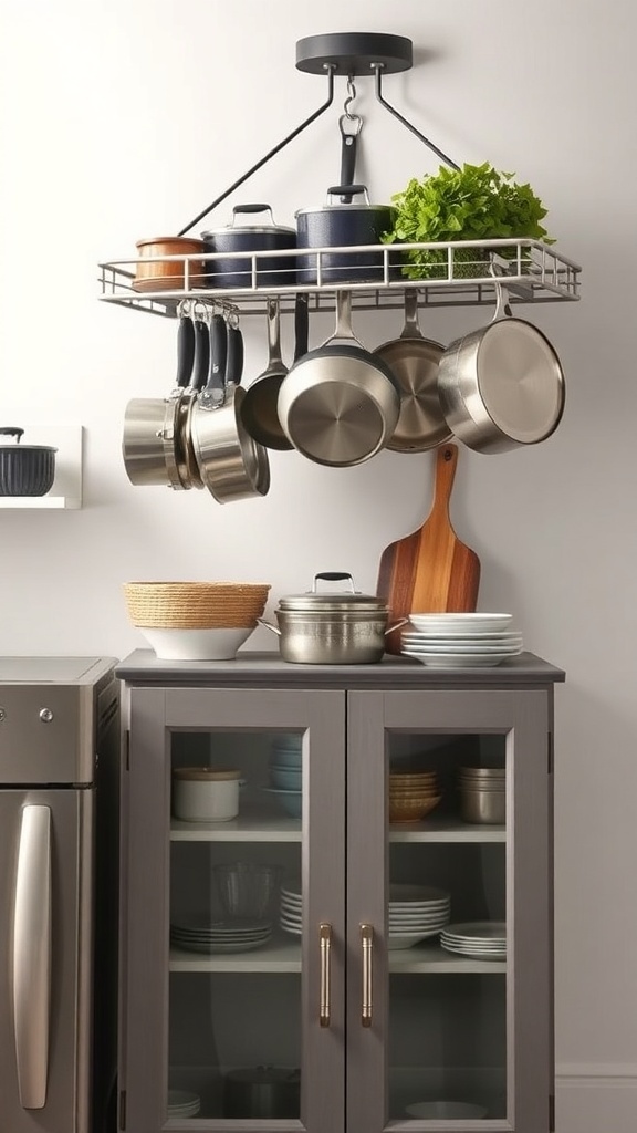 A stylish hanging rack displaying pots, pans, and herbs in a modern kitchen.