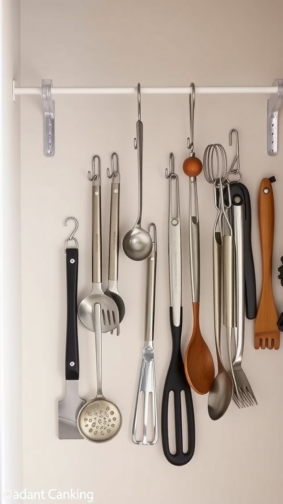 A collection of kitchen utensils hanging on a rod in a pantry.