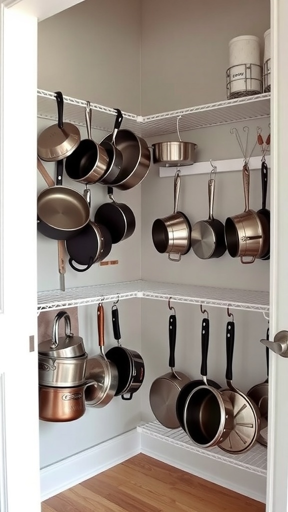 Corner kitchen pantry with hanging pots and pans for easy access.