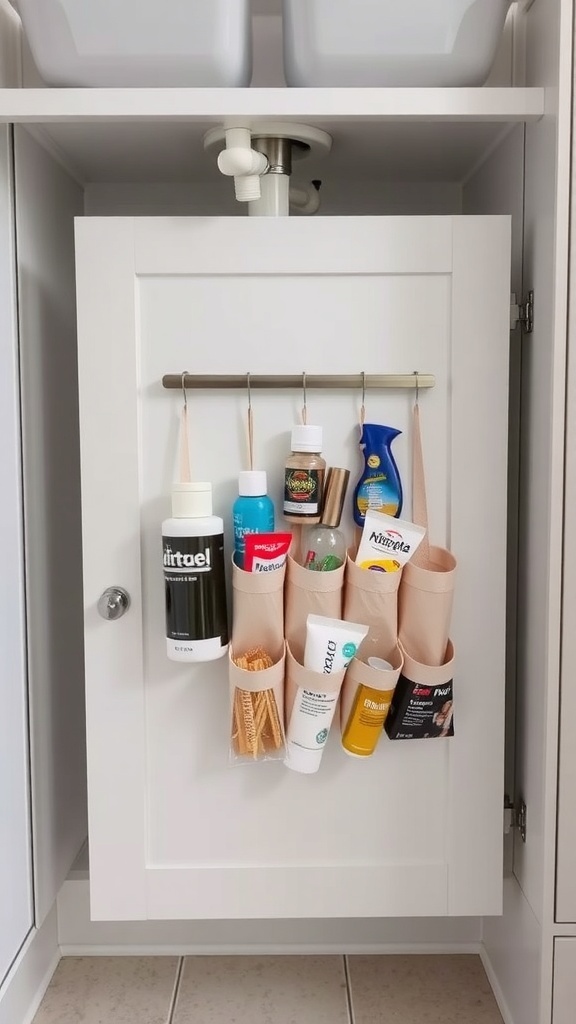 Under sink storage solution with hanging organizers for cleaning supplies.