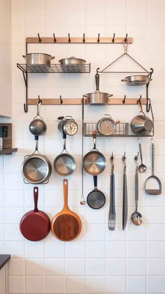 A well-organized kitchen wall with hanging pots, pans, and utensils.