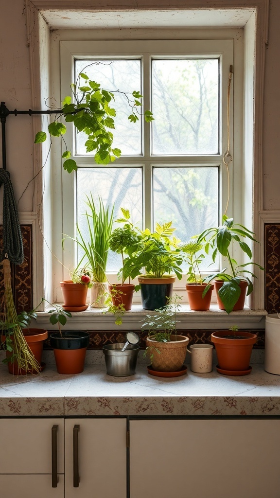 A cozy kitchen window with various potted herbs and vegetables.