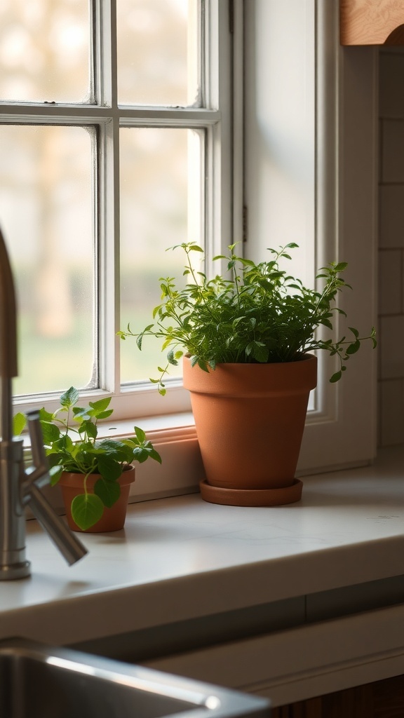 A sunny kitchen windowsill with potted herbs, including mint and basil, adding a touch of greenery.