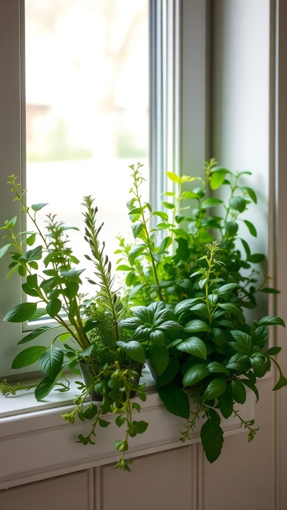 A vibrant herb garden on a kitchen windowsill with various green plants.