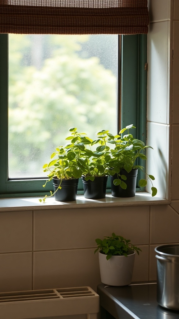 Herb garden on the windowsill with various green plants in pots.