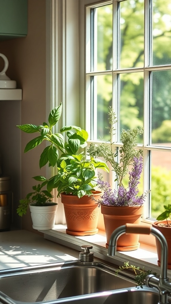 A sunny kitchen windowsill with various potted herbs including basil and rosemary.