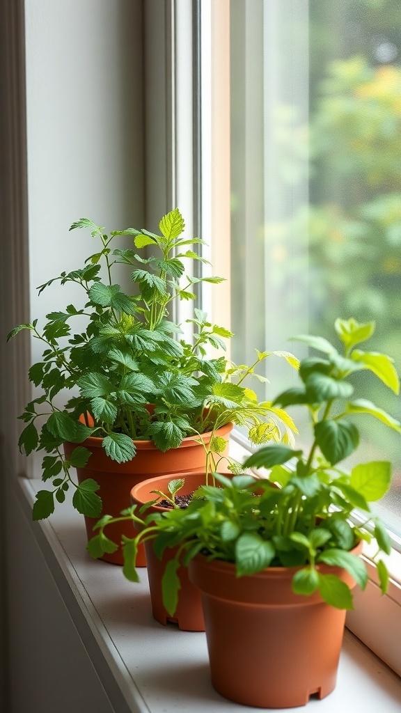 Potted herbs on a windowsill