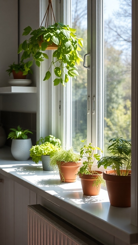 A sunny kitchen windowsill with various potted herbs and plants.