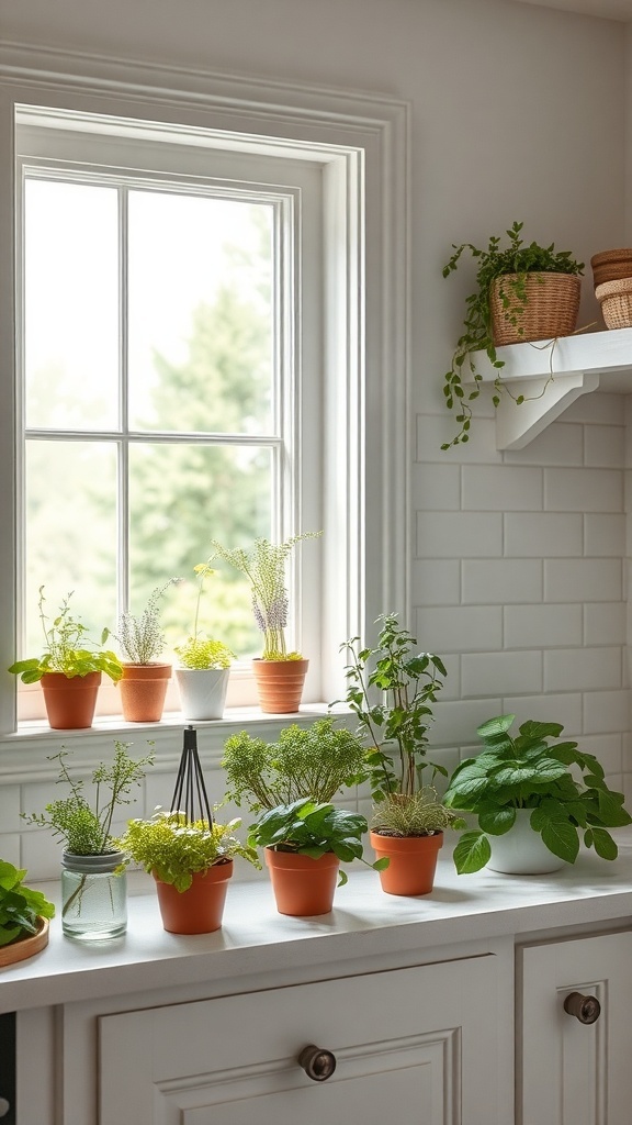 A bright kitchen windowsill filled with various potted herbs.