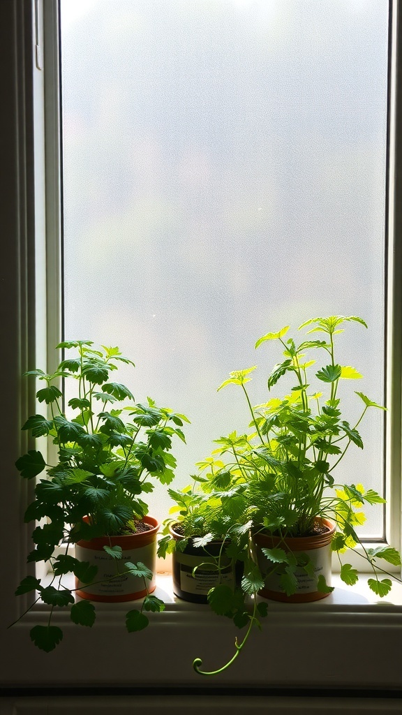 Small kitchen herb garden with Indian culinary herbs on a windowsill.