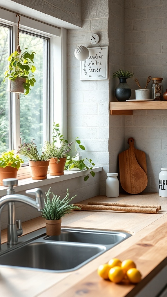 A modern rustic kitchen with a small herb garden on the windowsill and fresh lemons on the counter.